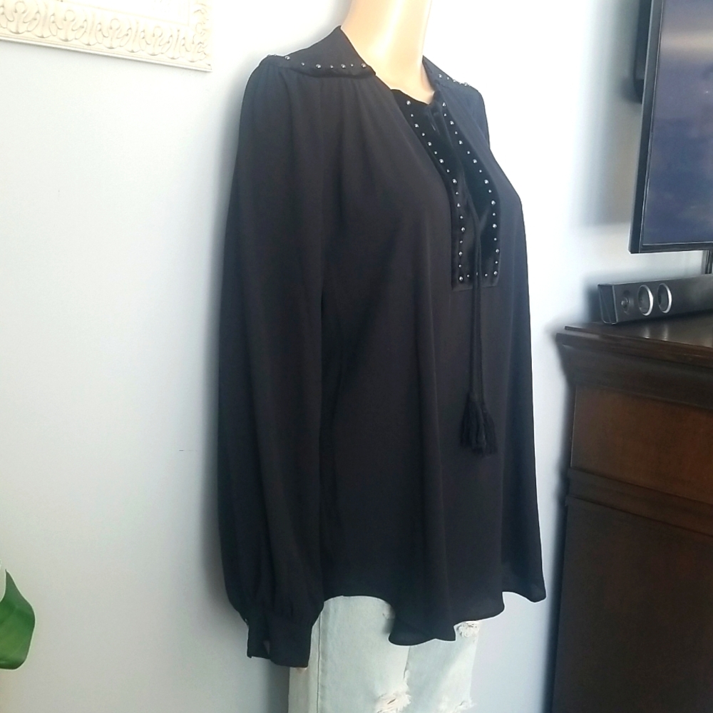 Vtg Whimsigoth Black Studded Peasant Blouse Velvet Trim Tassel Keyhole Top L - Picture 5 of 16